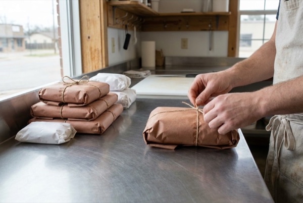 A butcher tying paper-wrapped cuts of beef.