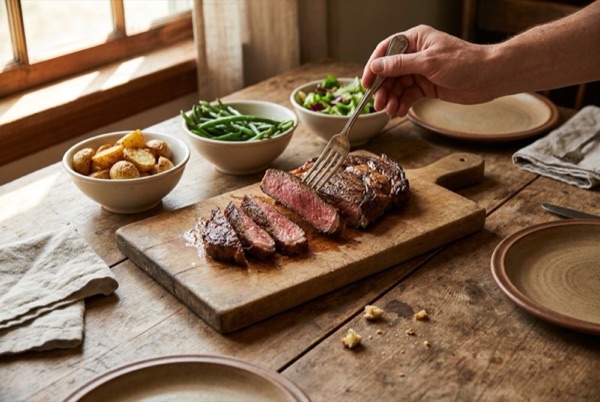 A sliced steak on a board at a farmhouse dinner table.