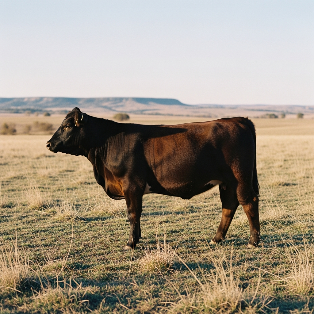 Sawyer, a young Wagyu-Angus steer grazing in the north paddock