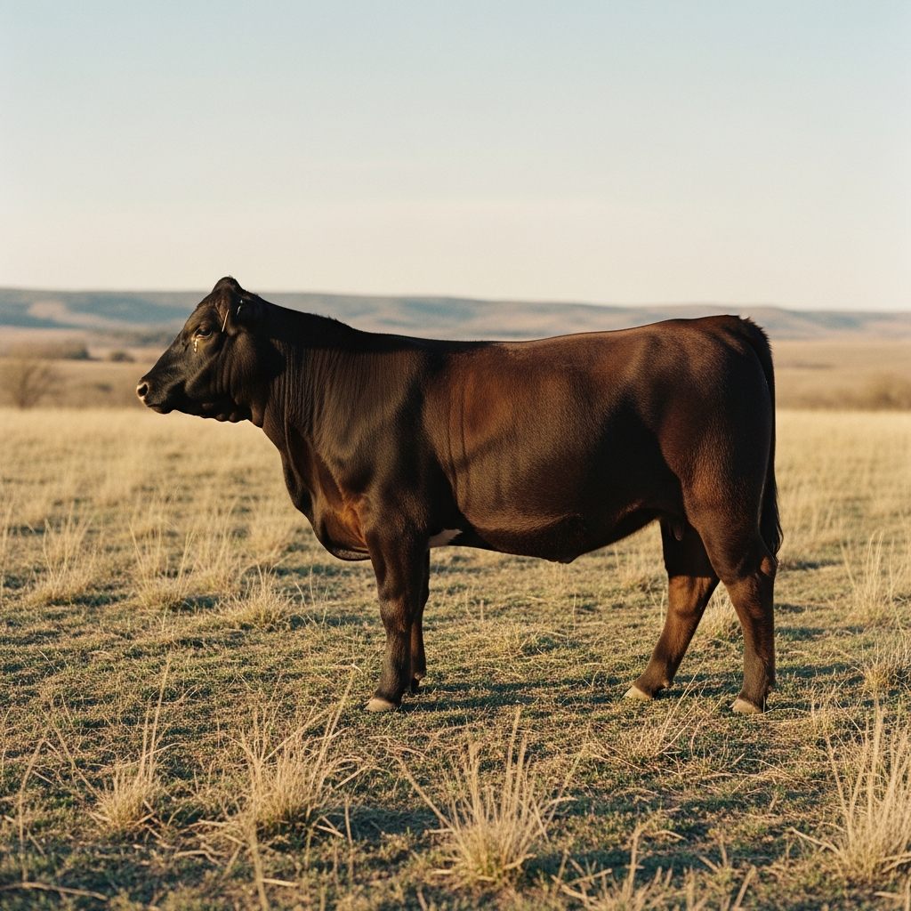 Silas, a young Wagyu-Angus steer grazing on the back forty