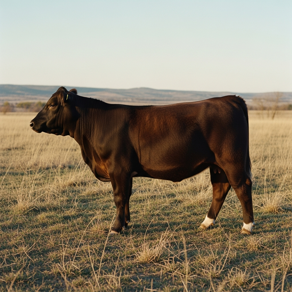 Boots, a young Wagyu-Angus steer on the back forty