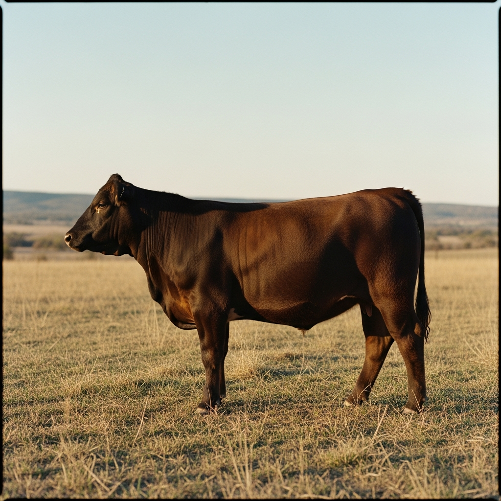 Oakley, a young Wagyu-Angus steer grazing on the back forty